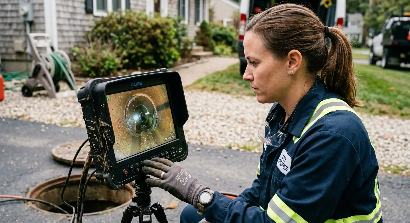 Technician reviewing sewer camera inspection footage in Atlantic