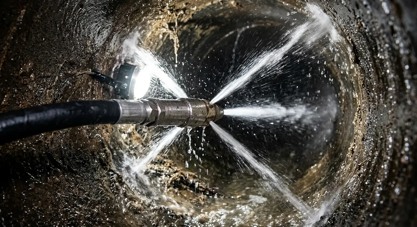 High-pressure hydro jetting nozzle cleaning sewer pipe for Trenchless Sewer Repair in Atlantic