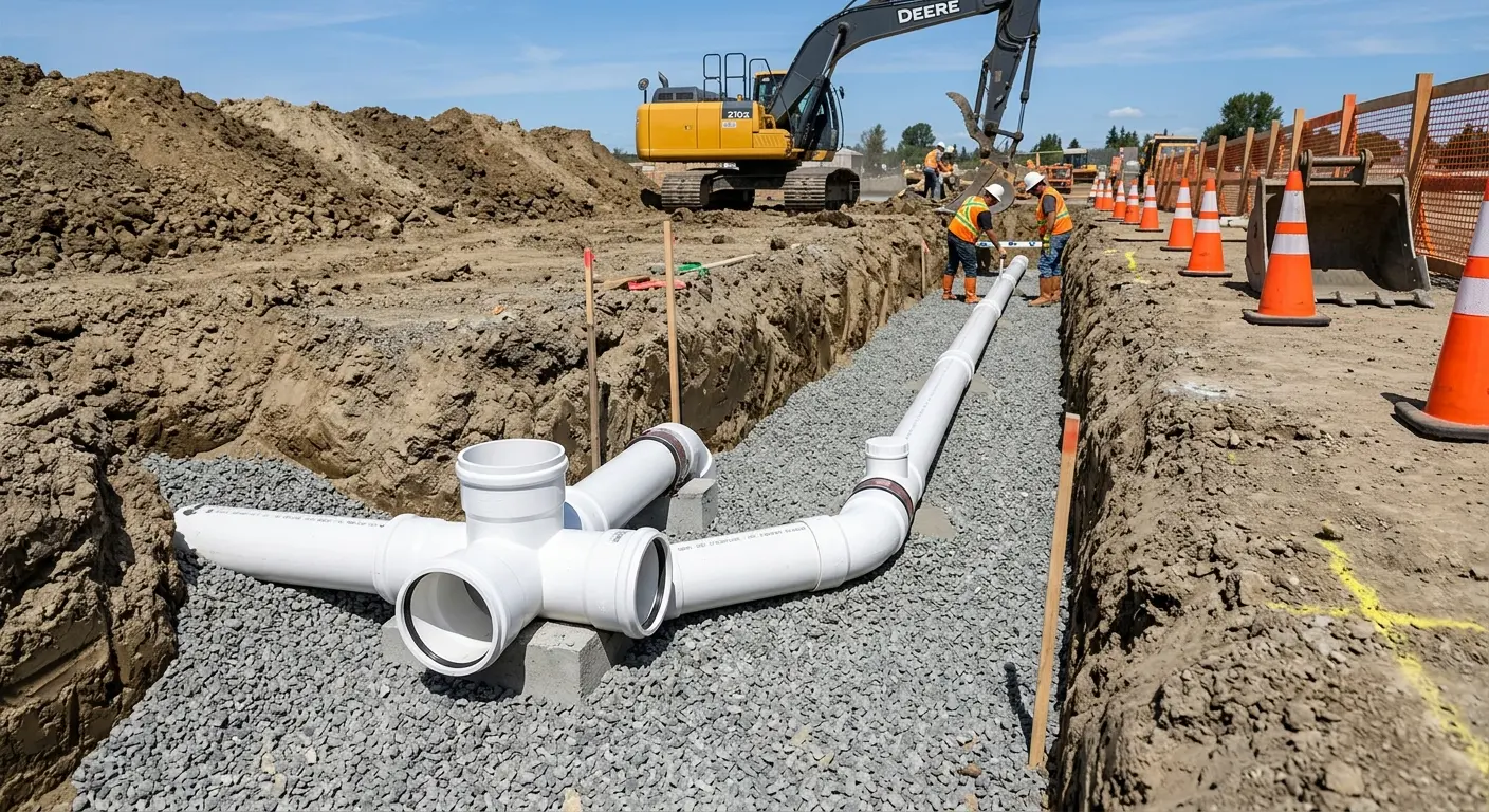 New PVC sewer pipe installation in open trench for Commercial Drain Cleaning in Atlantic
