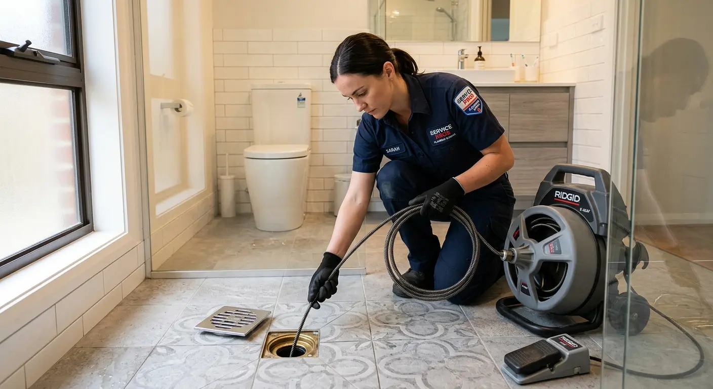 Technician clearing a bathroom floor drain for Hydro Jetting in Atlantic